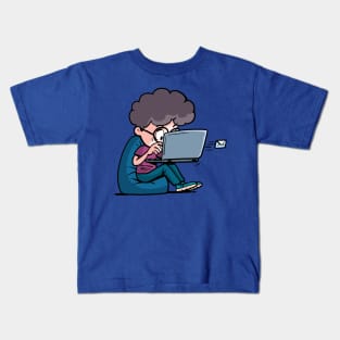 boy sits on a lazy bag and sends an email Kids T-Shirt